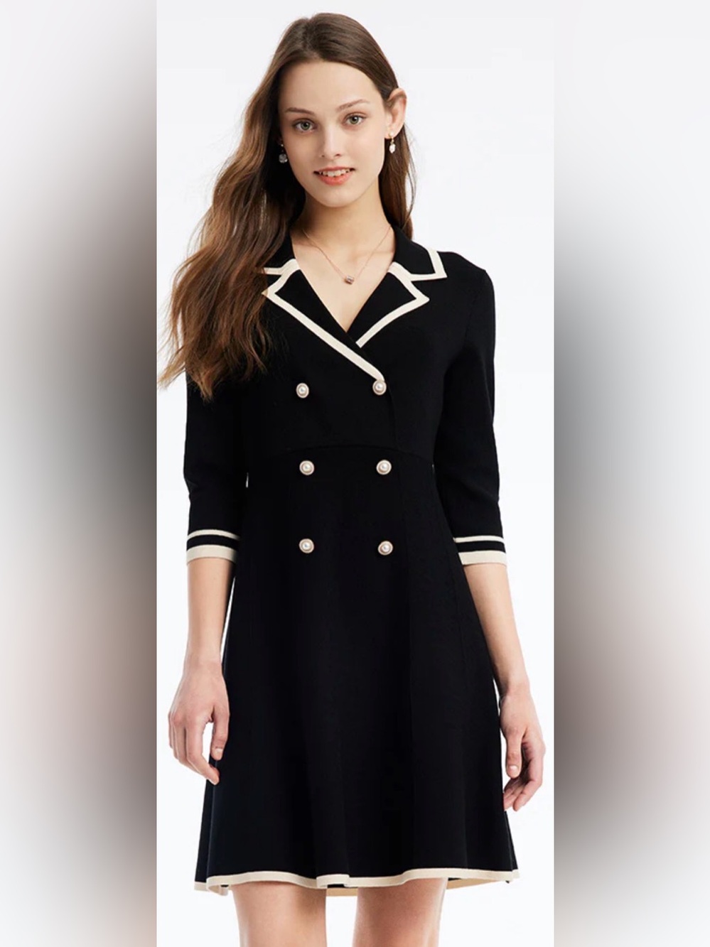 NWT Goelia Elegant Black Dress, Cream Trim, Double-Breasted Pearl Buttons - Sz L